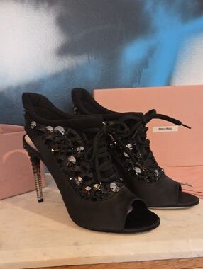 Miu Miu Black Crystal Embellished Peep-Toe Lace-Up Heels